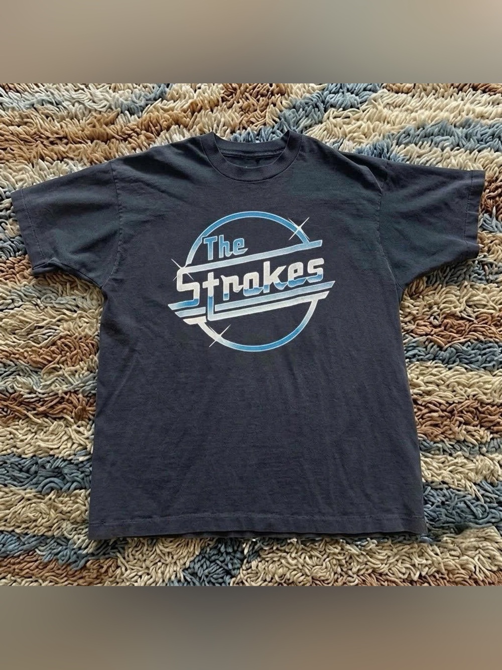 Vintage Black Tee with Blue & White The Strokes Logo